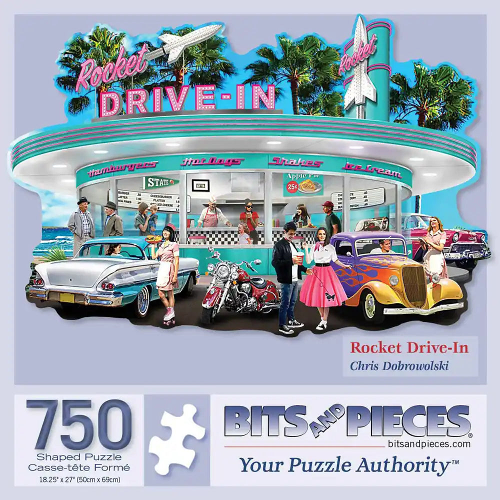 Rocket Drive-In Shaped Jigsaw Puzzle | Bits and Pieces Rocket Drive-In Shaped Jigsaw Puzzle | Bits and Pieces