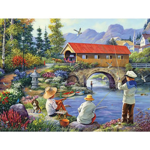 Fishing By A Covered Bridge Jigsaw Puzzle