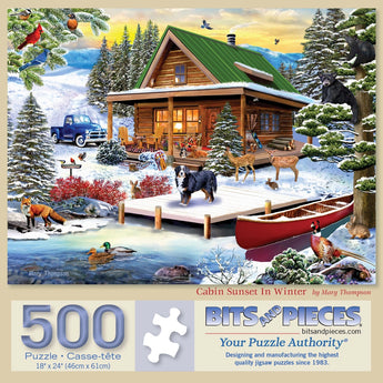 Cabin Sunset In Winter Jigsaw Puzzle
